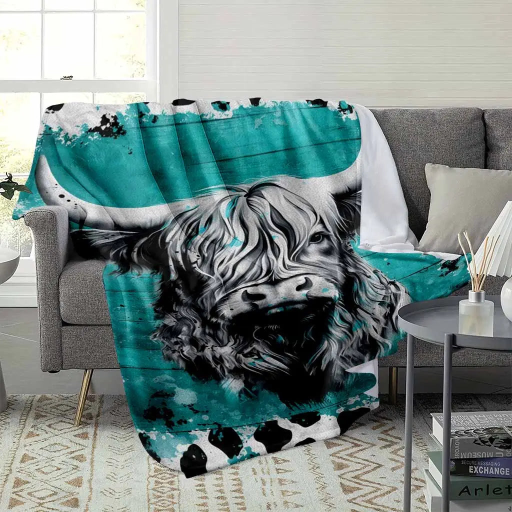 Highland Cow Flannel Blanket - Turquoise Abstract Animal Print, Soft Warm Lightweight, Wrinkle Resistant, Anti-Pilling, Color Stays Vivid Longer, Cozy Throw for Living Room Decor, Bedroom Sofa, Home Gift & Cozy Setup, Indoor/Outdoor