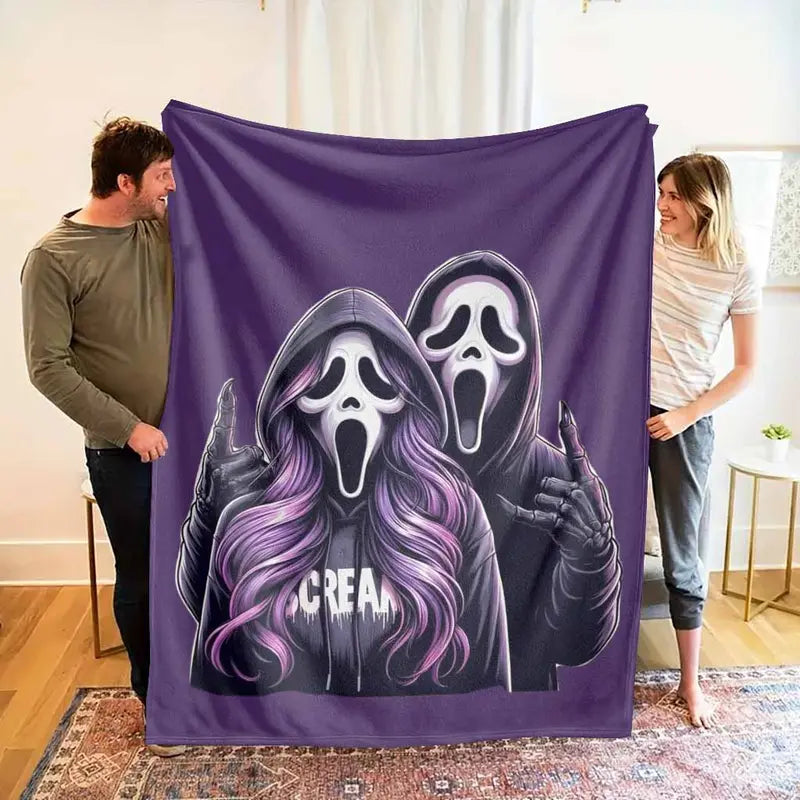 Purple Ghost Duo Flannel Ghost Face Blanket - Horror Mask Art Print, Soft Cozy Warm Lightweight Breathable All Season Throw, Halloween Decor, Bedroom Use, Decorative Gift, Camping Companion (TikTok Shop Spring Glow Up), All Season Blanket