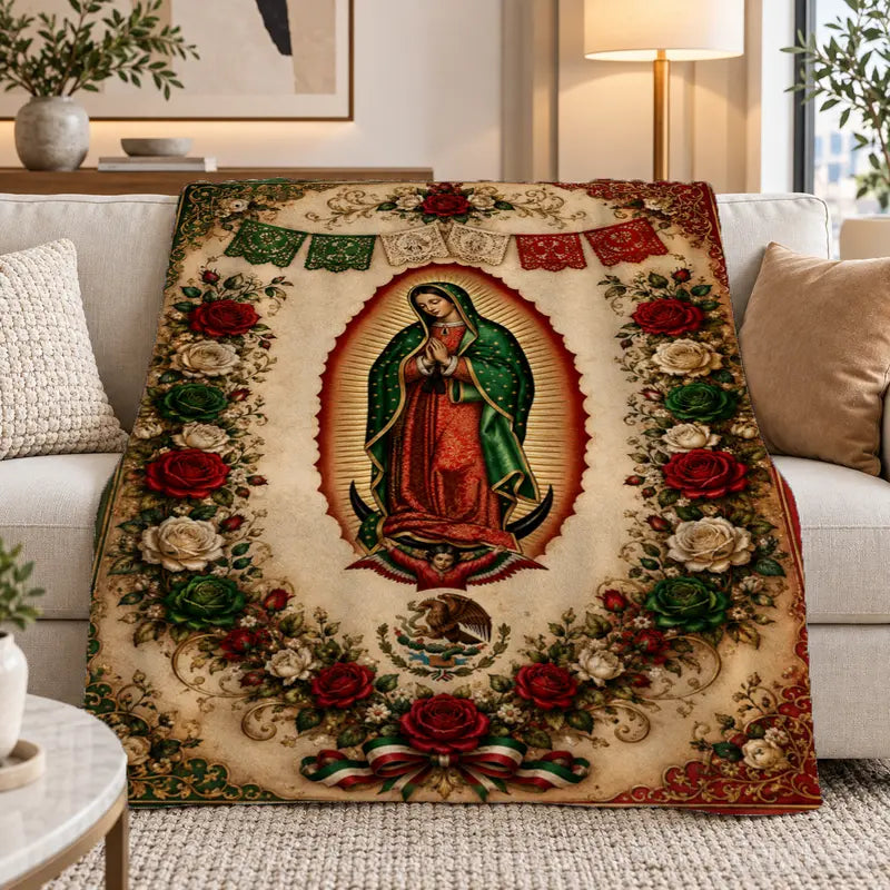 1Pc Our Lady of Guadalupe Vintage Rose Floral Anti-Pilling Flannel Throw Blanket - Catholic Religious Mexican Unique Decor, Soft Multi-Size Vintage Things for Living Room Sofa, Warm Indoor Use