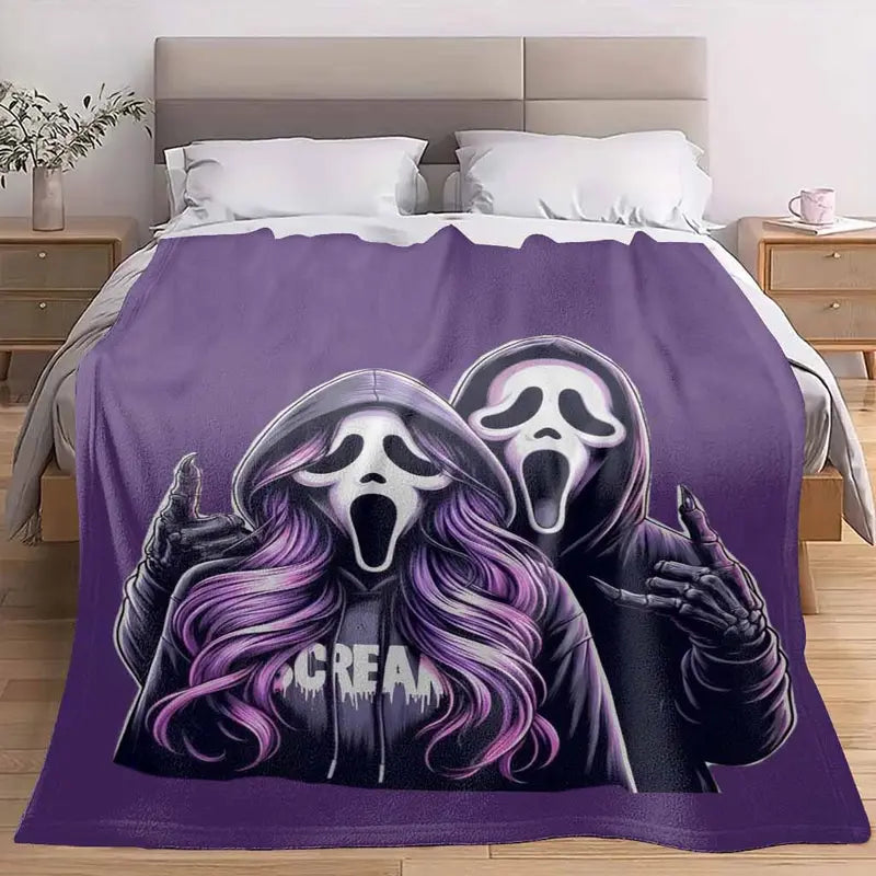 Purple Ghost Duo Flannel Ghost Face Blanket - Horror Mask Art Print, Soft Cozy Warm Lightweight Breathable All Season Throw, Halloween Decor, Bedroom Use, Decorative Gift, Camping Companion (TikTok Shop Spring Glow Up), All Season Blanket