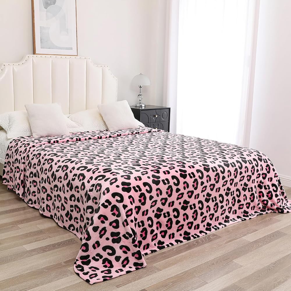 Cheetah Print Throw Blanket, Cute Pink Flannel Blanket, 90" x 90"