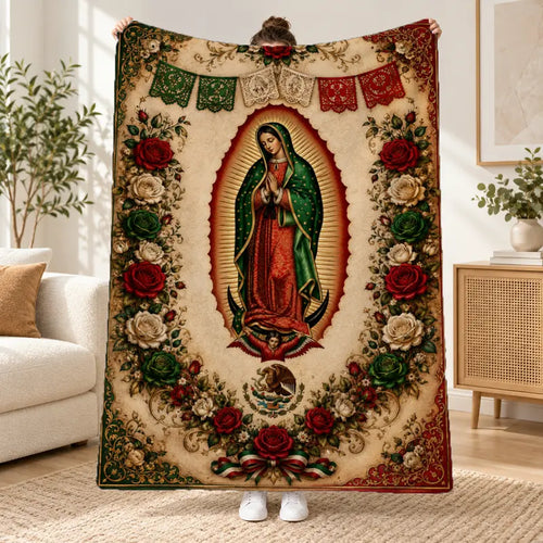 1Pc Our Lady of Guadalupe Vintage Rose Floral Anti-Pilling Flannel Throw Blanket - Catholic Religious Mexican Unique Decor, Soft Multi-Size Vintage Things for Living Room Sofa, Warm Indoor Use